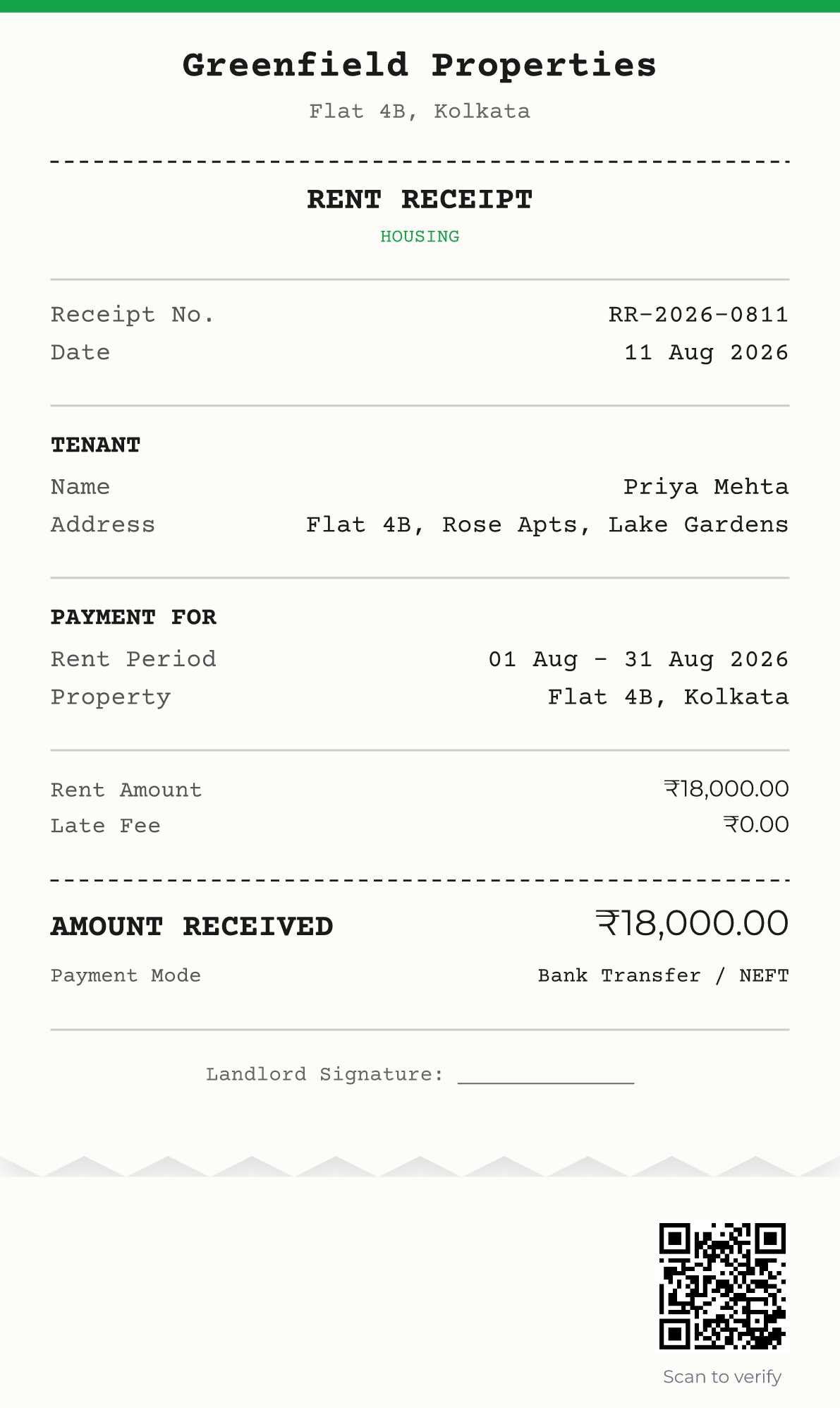 Example Rent Receipt in Dot Matrix style