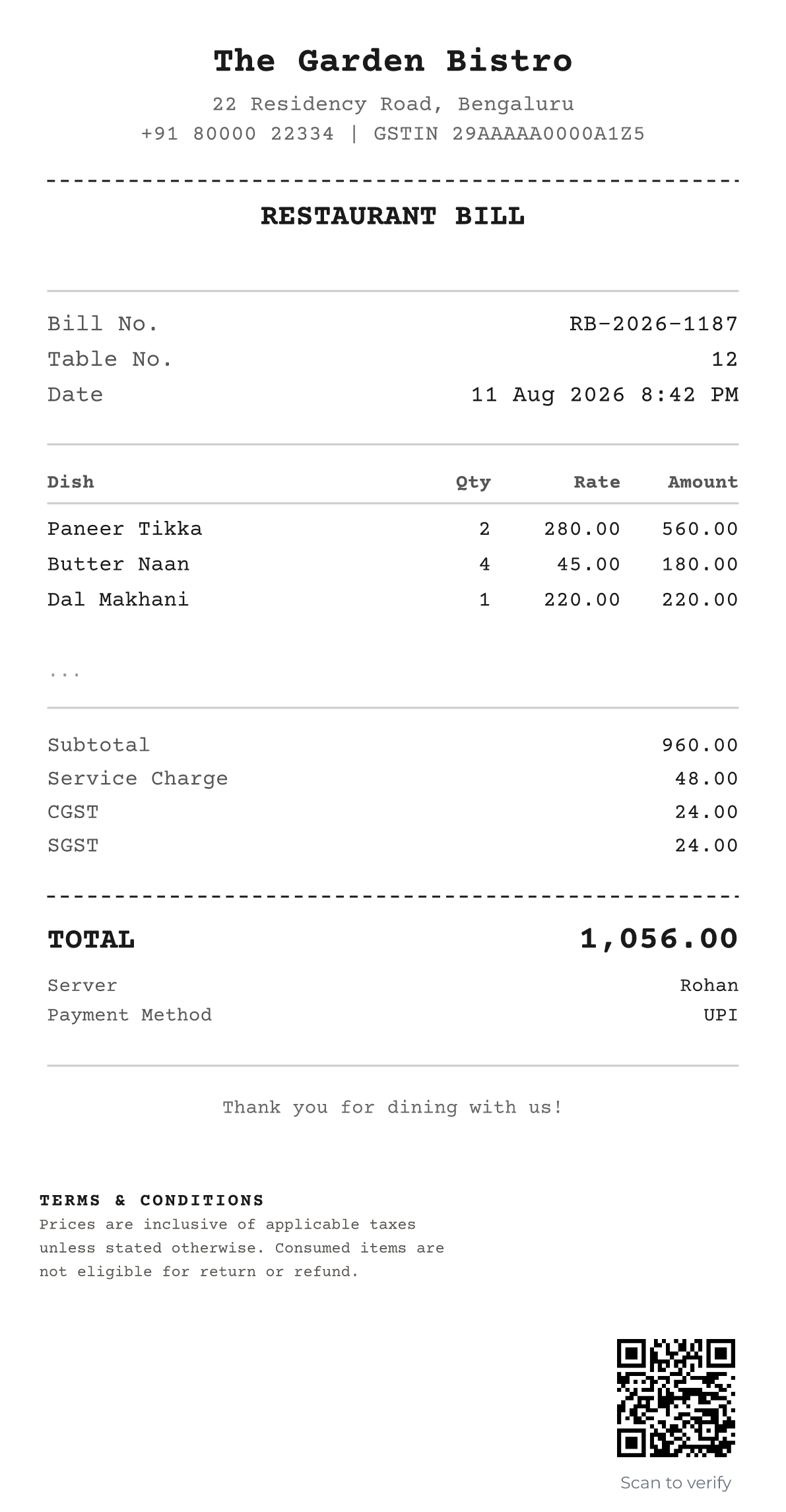 Example Restaurant Bill in Dot Matrix style, plain white
