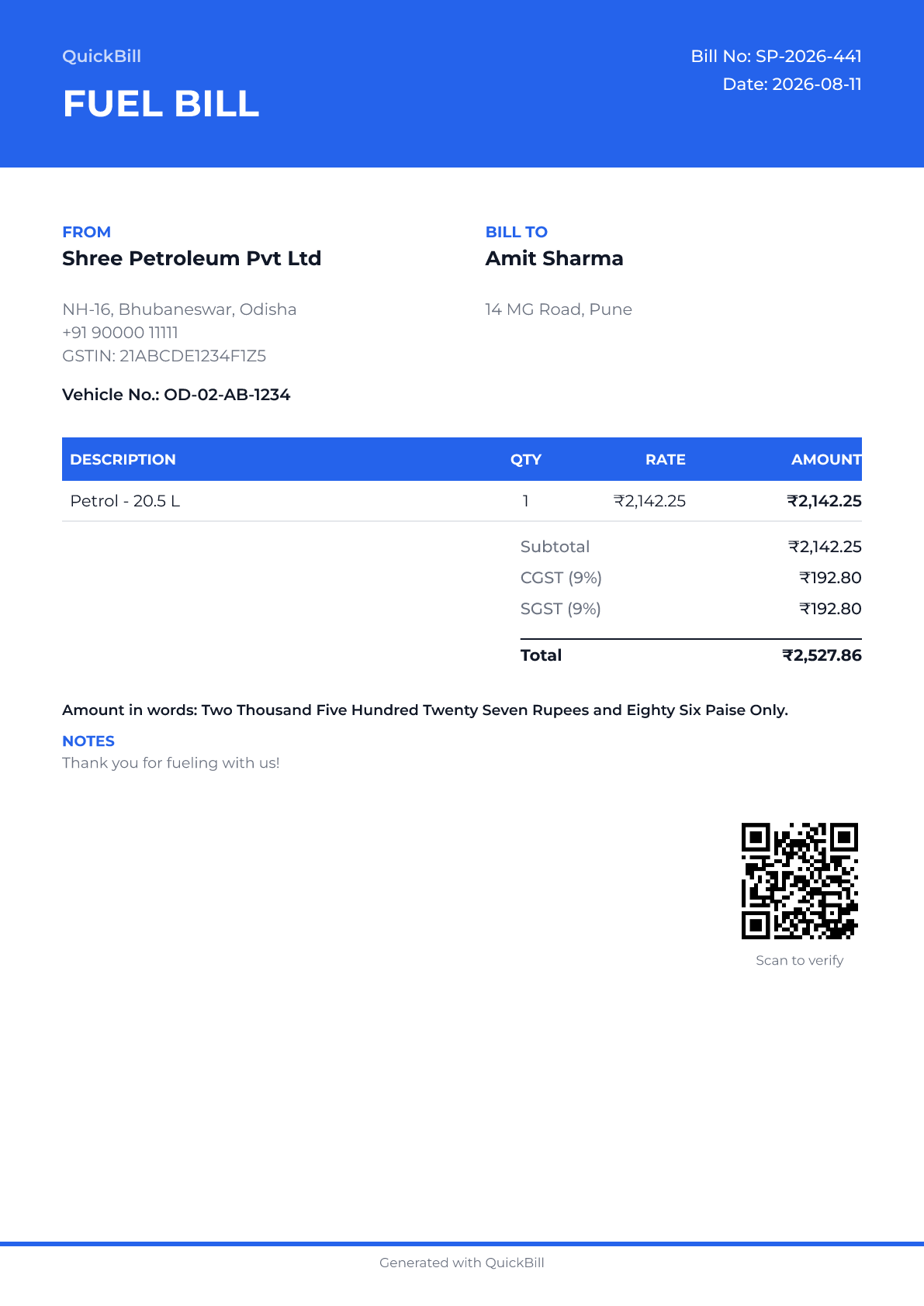 Example Fuel Bill in Modern style