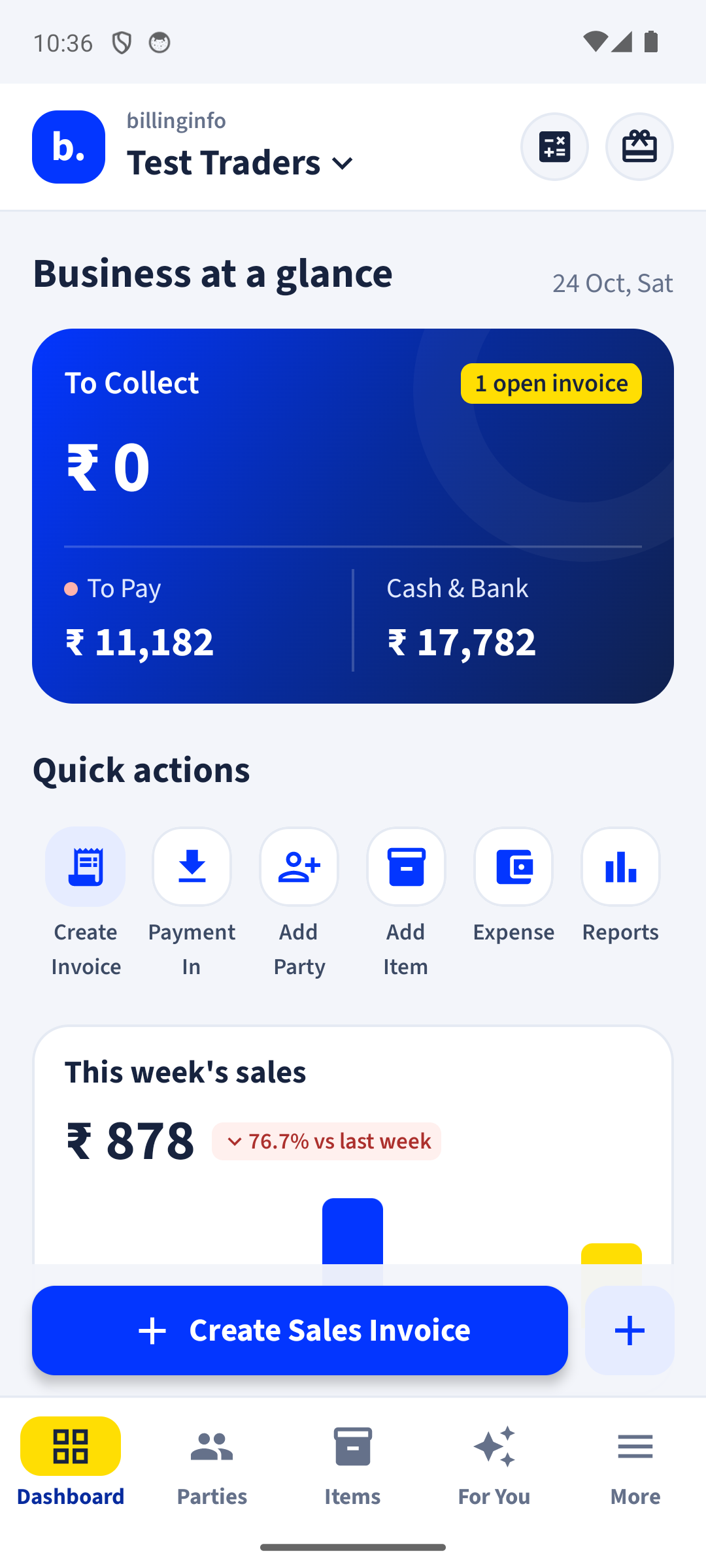 The billinginfo app dashboard, with a business overview and quick actions