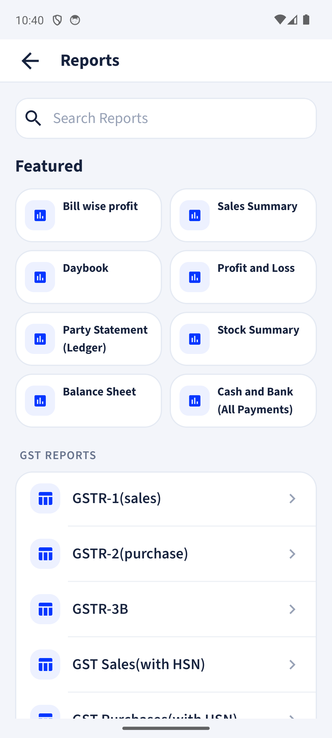 billinginfo business and GST reports screen